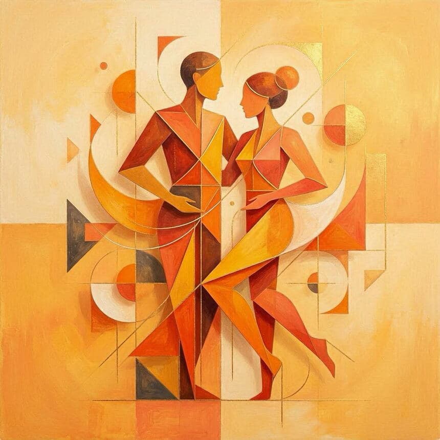 Cubist-style painting of two stylised figures in amber, orange and gold geometric shapes
